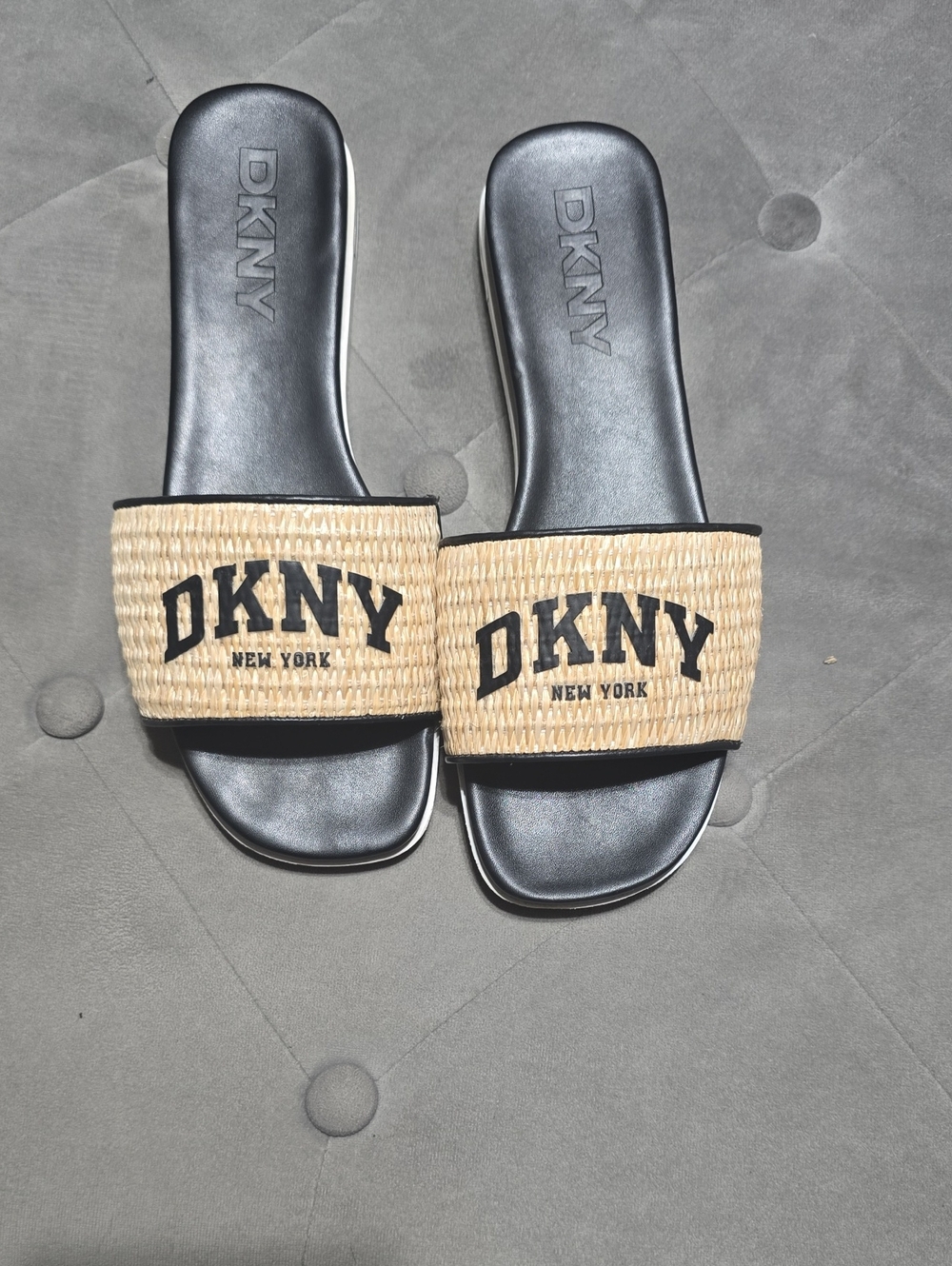 DKNY Black Footbed with Natural Woven Strap Slide Sandals